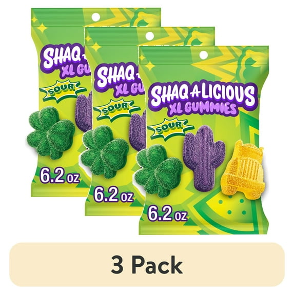 (3 pack) Shaq-A-Licious Xl Gummies Assorted Flavored Sour Chewy Candy, Bag 6.2 oz
