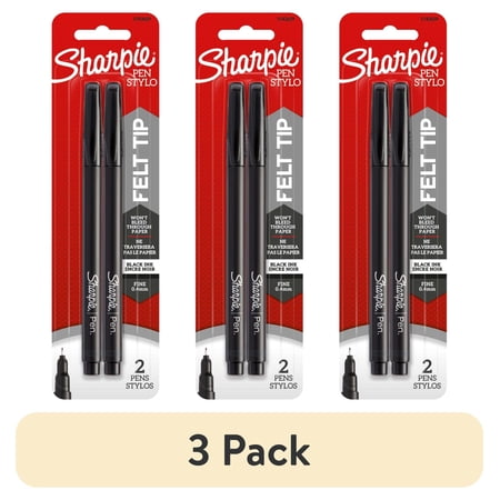 (3 pack) Sharpie Pens, Felt Tip Pens, Fine Point (0.4mm), Black, 2 Count