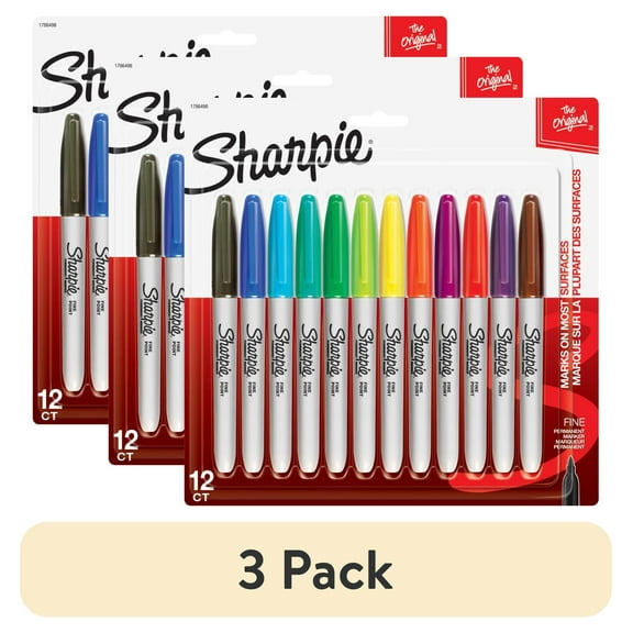 (3 pack) Sharpie Permanent Markers, Fine Point, Assorted Colors, 12 Count