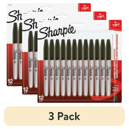 (3 pack) Sharpie Permanent Markers, Fine Point, Black, 12 Count