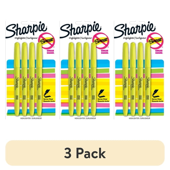 (3 pack) Sharpie Highlighters, Pocket Size, Chisel Tip, Fluorescent Yellow, 4 Count