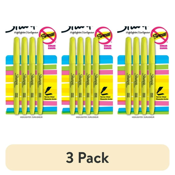 (3 pack) Sharpie Pocket Highlighters, Chisel Tip, Fluorescent Yellow, 4 Count