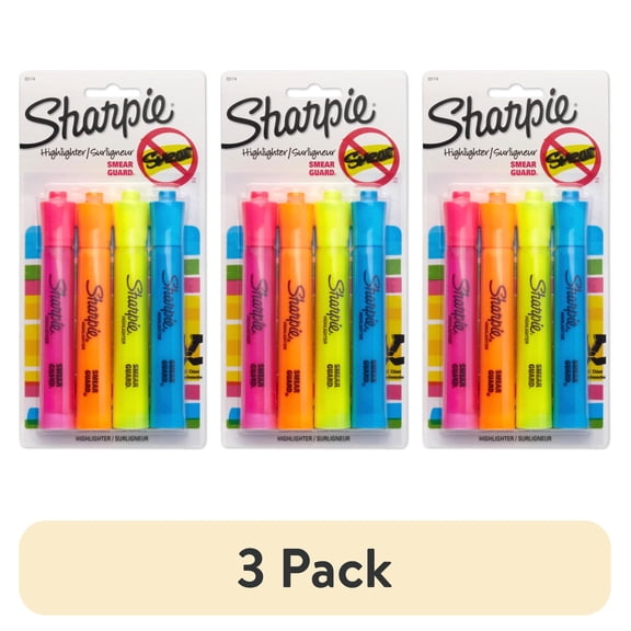 (3 pack) Sharpie Tank-Style Highlighters, Chisel Tip, Assorted, 4 Count