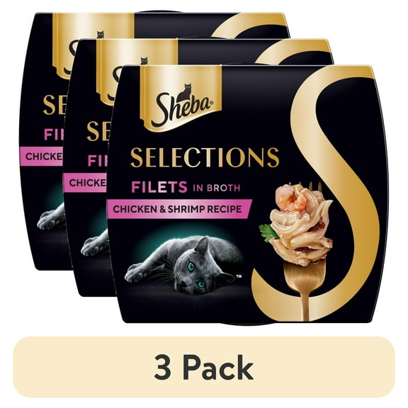 (3 pack) Sheba Selections Filets in Broth Adult Wet Cat Meal Complement Chicken & Shrimp Recipe, 1.3 oz. Cups, 1 Count
