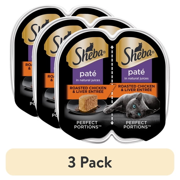 (3 pack) Sheba Wet Cat Food Pate, Roasted Chicken & Liver Entree, 2.6 oz Perfect Portions Twin Pack Tray
