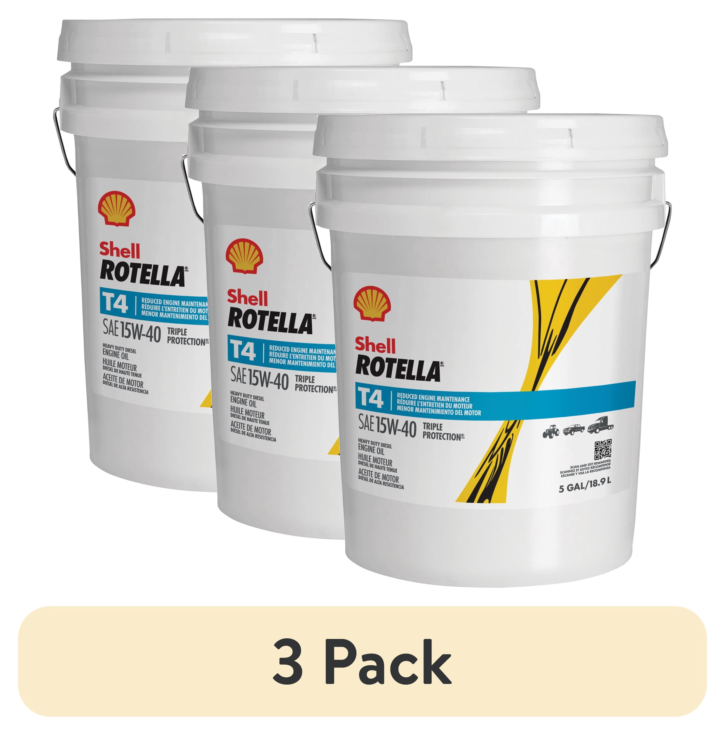 (3 pack) Shell Rotella T4 Triple Protection 15W-40 Diesel Engine Oil, 5 Gallon Pail