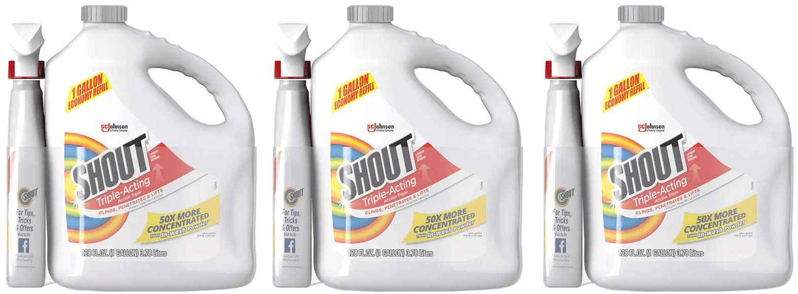 3 pack Shout Triple-Acting Laundry Stain Remover 128 fl. oz. + 22 fl. oz trigger