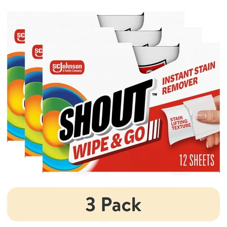 (3 pack) Shout Wipe & Go, Laundry Instant Stain Remover, 12 Wipes