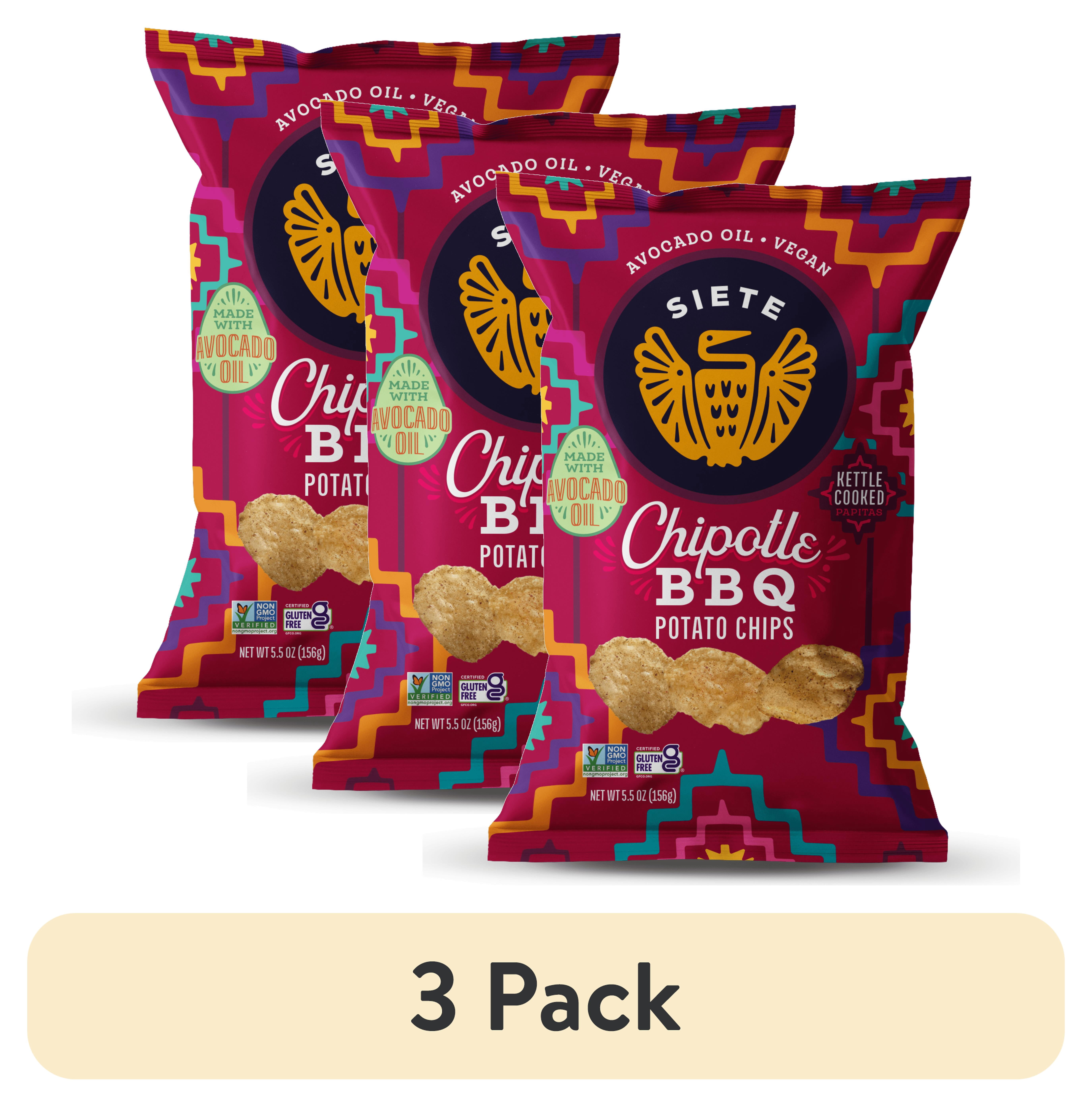 (3 pack) Siete Family Foods Kettle Cooked Potato Chips Chipotle Barbeque, 5.5 oz