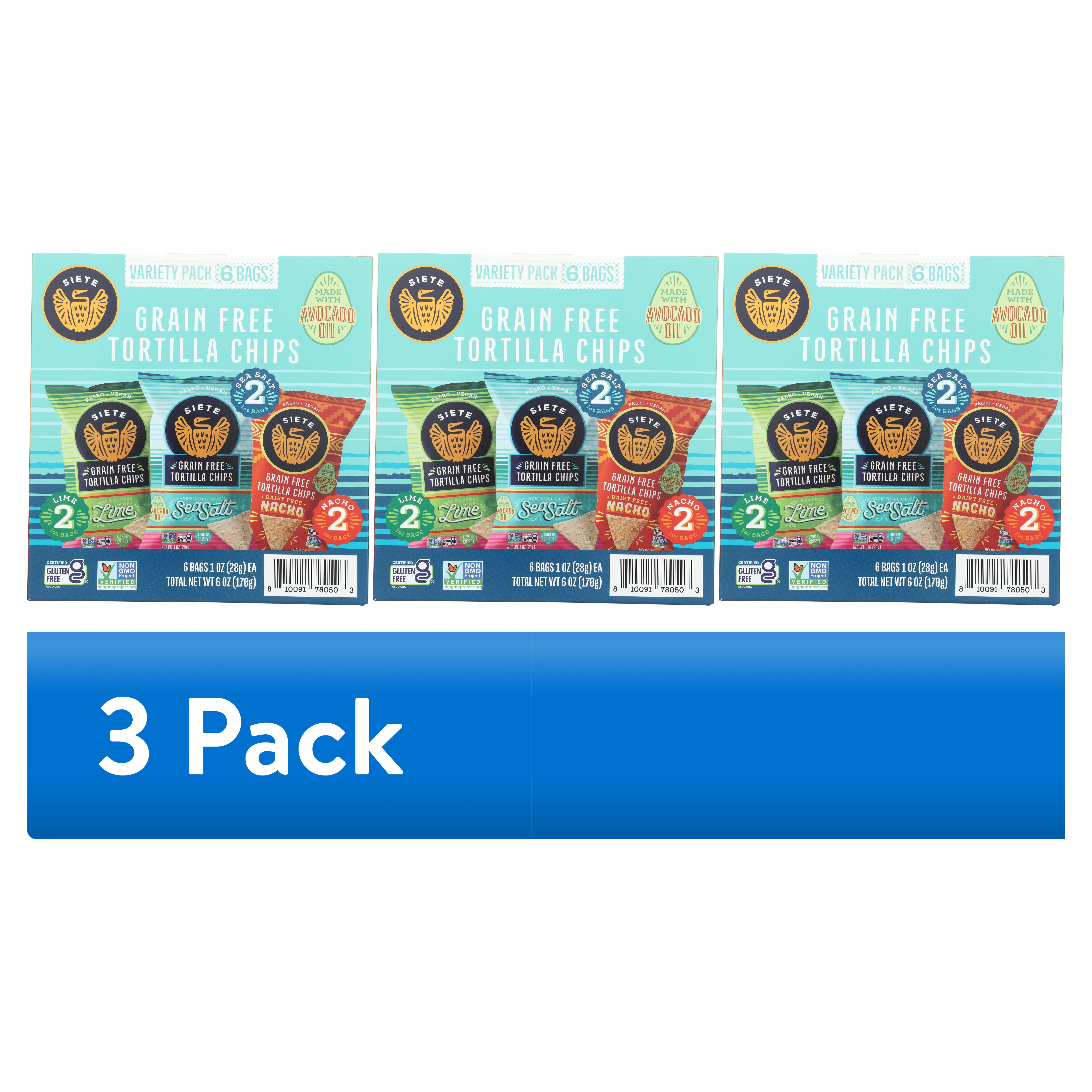(3 pack) Siete Family Foods Tortilla Chip Variety Pack, 6 Pack