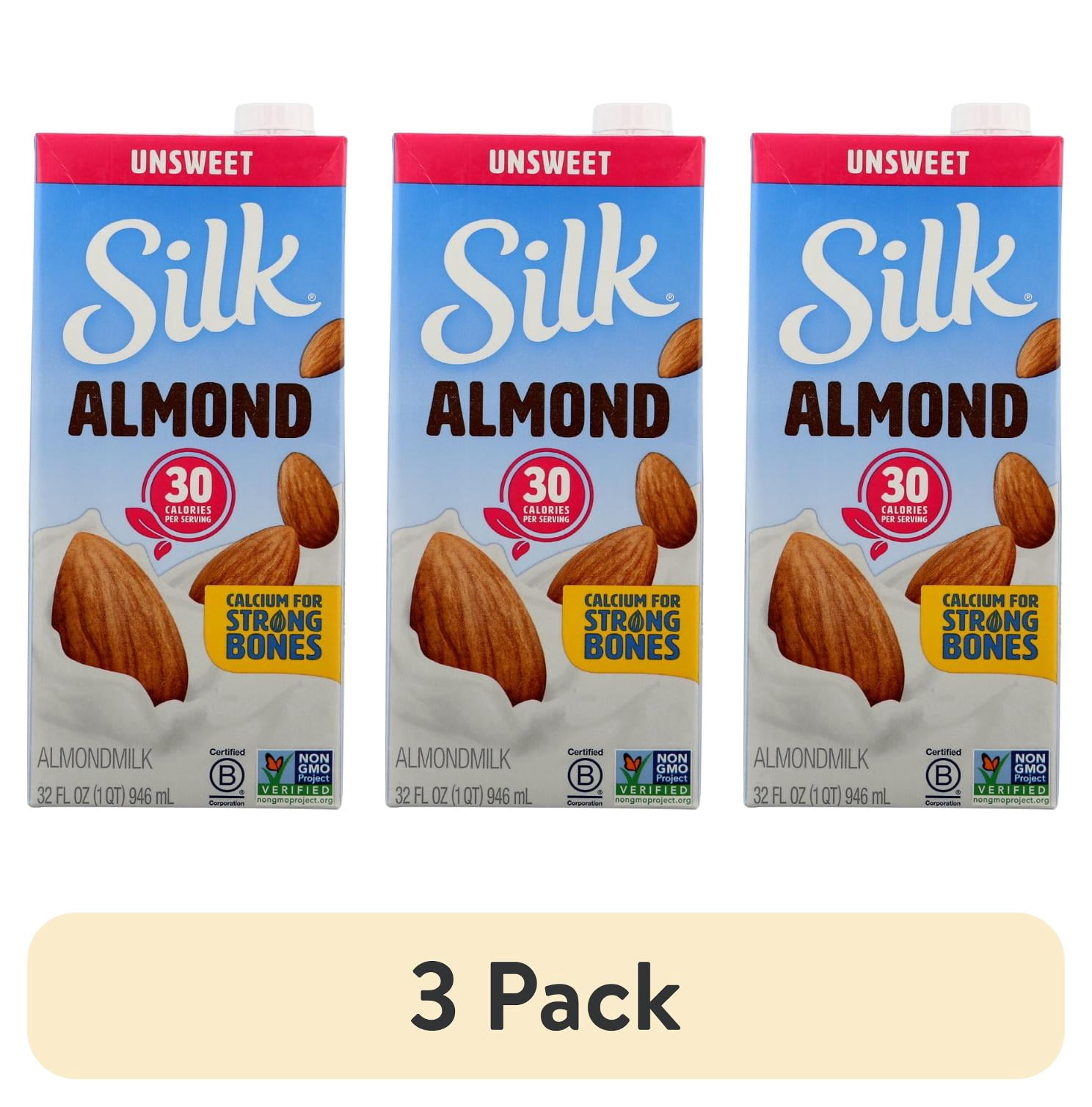 (3 pack) Silk Almond Milk, Unsweetened Original, 32 oz Aseptic Box