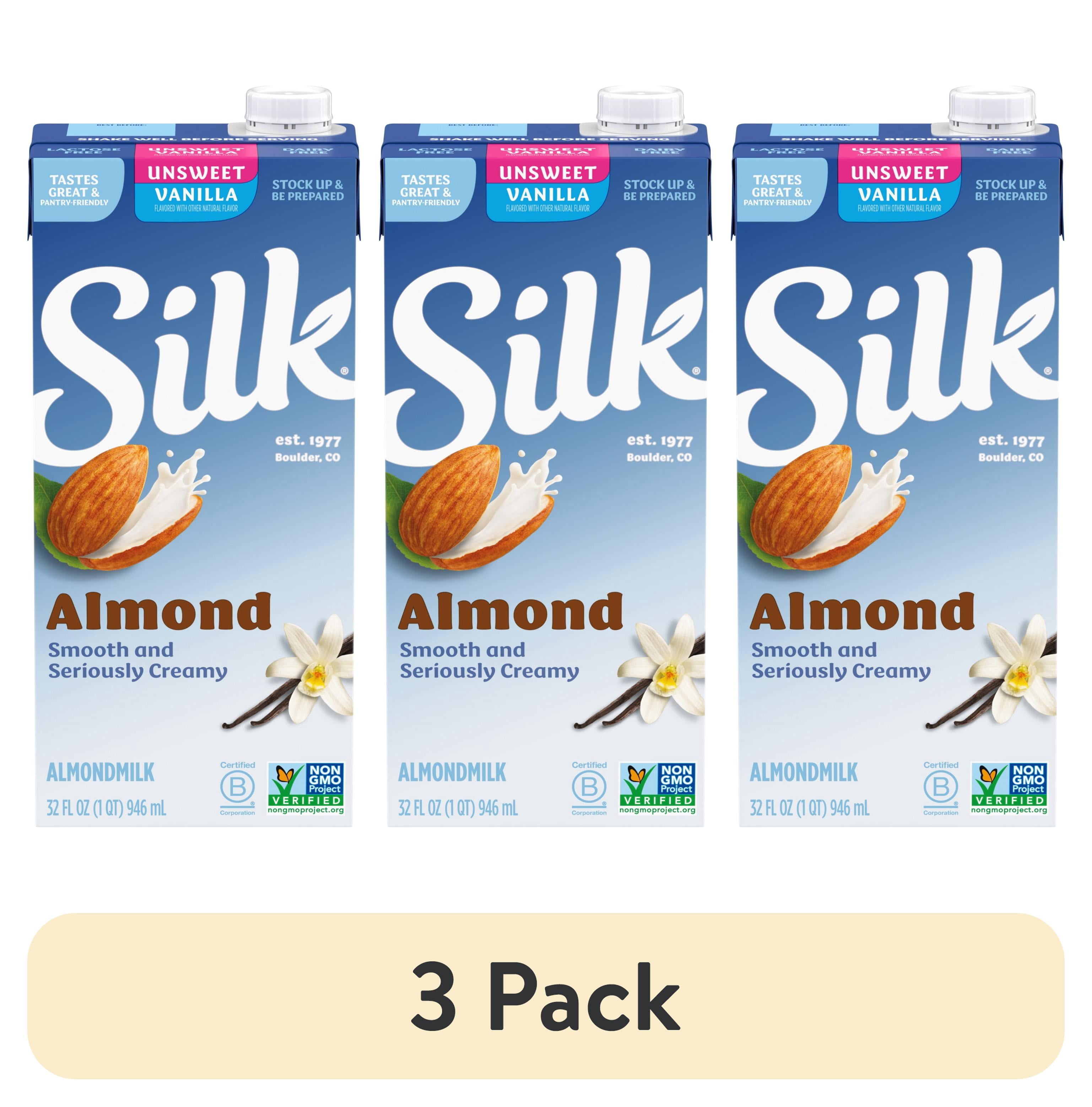 (3 pack) Silk Shelf-Stable Unsweetened Vanilla Almond Milk, 1 Quart