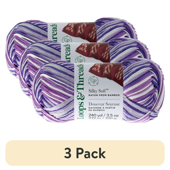 (3 pack) Silky Soft Multi Yarn by Loops & Threads - Yarn for Knitting - Crochet - Weaving - and Arts & Crafts - Violet - Bamboo - 3.5 oz