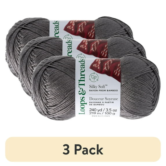 (3 pack) Silky Soft Yarn by Loops & Threads - Yarn for Knitting - Crochet - Weaving - and Arts & Crafts - Gray - Bamboo - 3.5 oz