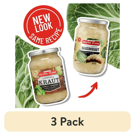 (3 pack) Silver Floss Naturally Fermented Shredded Sauerkraut, 32 oz Jar