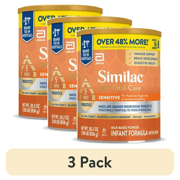 (3 pack) Similac 360 Total Care Sensitive Baby Formula Powder, Has 5 HMO Prebiotics, 30.2-oz Tub