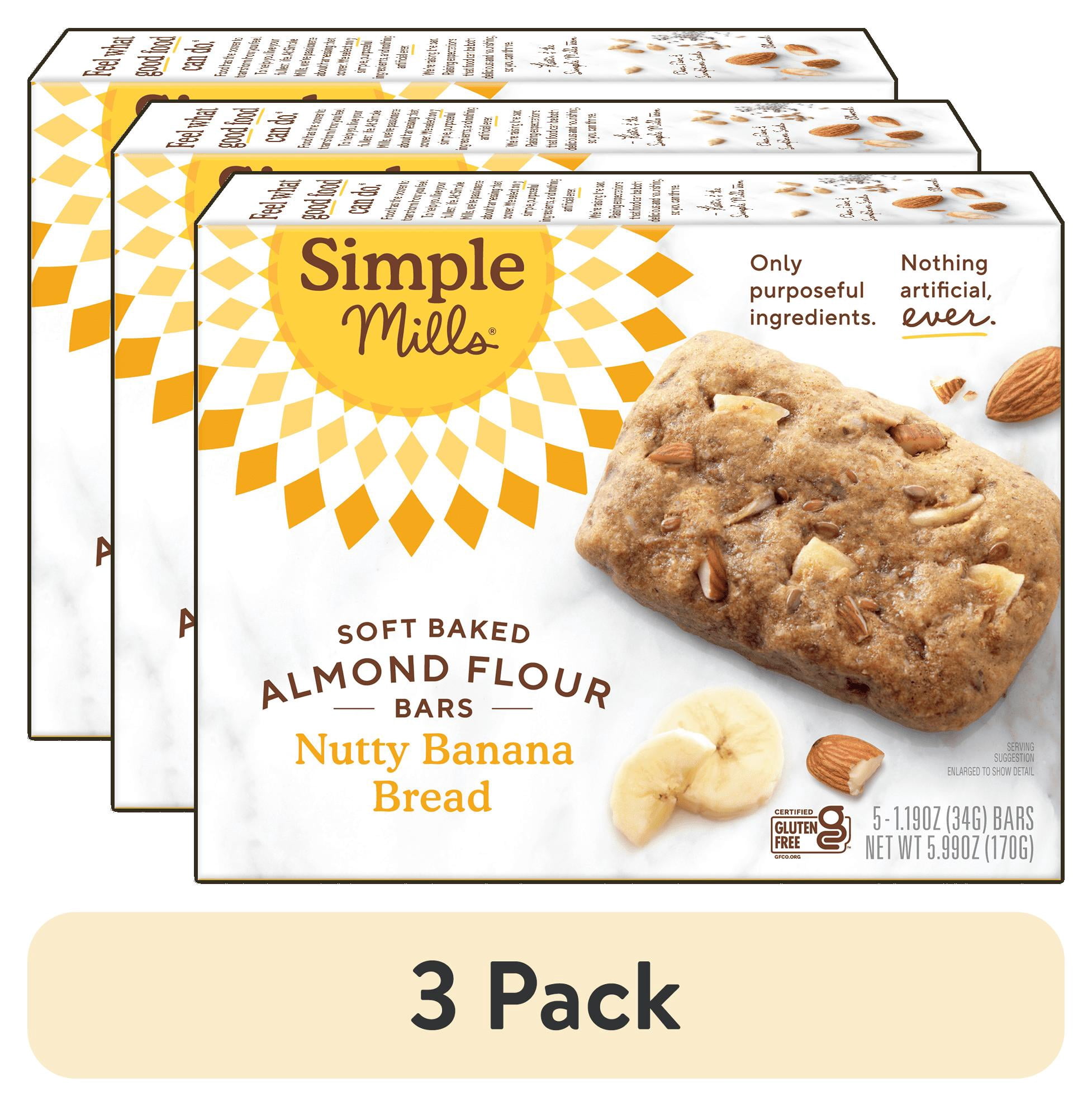(3 pack) Simple Mills Soft Baked Almond Flour Bars, Nutty Banana Bread, Gluten-Free, 5 Count