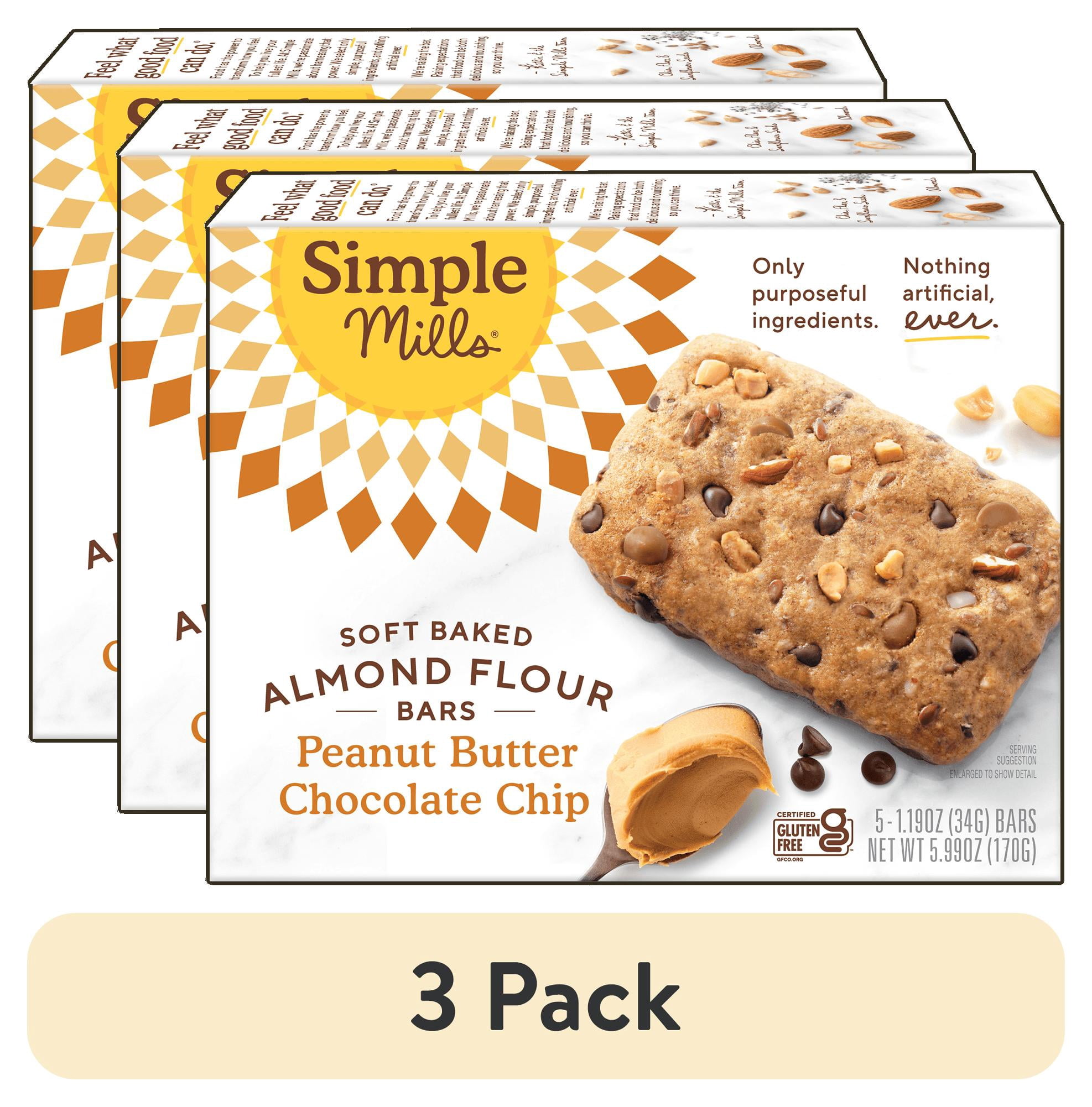 (3 pack) Simple Mills Soft Baked Almond Flour Bars, Peanut Butter Chocolate Chip, 5 Count