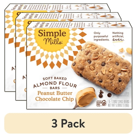 (3 pack) Simple Mills Soft Baked Almond Flour Bars, Peanut Butter Chocolate Chip, 5 Count