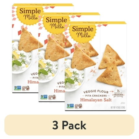 (3 pack) Simple Mills Veggie Flour Pita Crackers, Himalayan Salt, Gluten-Free Crackers, 4.25 oz