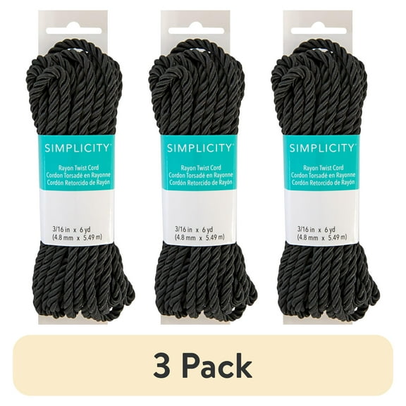 (3 pack) Simplicity Black 3/16" Rayon Twist Cording Trim, 6 Yards