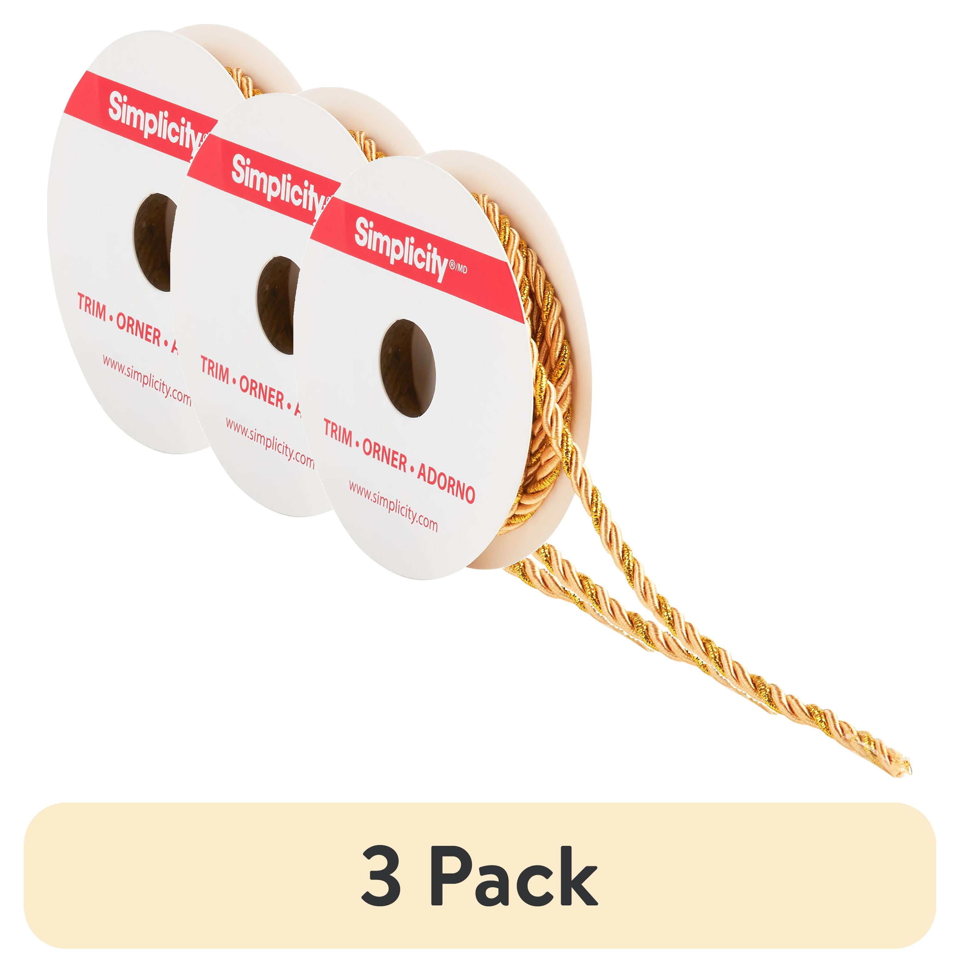 (3 pack) (3 pack) Simplicity Trim, Gold 3/16 inch 3 Ply Twisted Cord Trim Great for Apparel, Home Decorating, and Crafts, 2 Yards, 1 Each