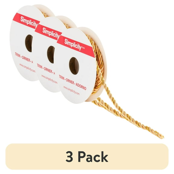 (3 pack) Simplicity Trim, Gold 3/16 inch 3 Ply Twisted Cord Trim Great for Apparel, Home Decorating, and Crafts, 2 Yards, 1 Each