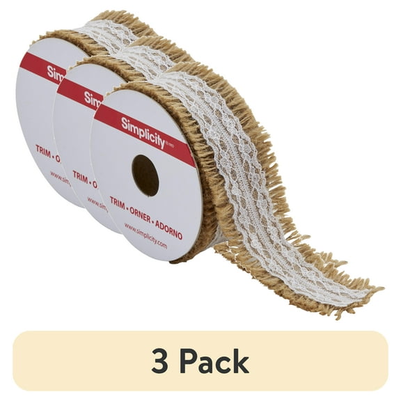 (3 pack) Simplicity Trim, Natural 1 1/2 inch Fray Jute with White Lace Center Trim Great for Apparel, Home Decorating, and Crafts, 3 Yards, 1 Each
