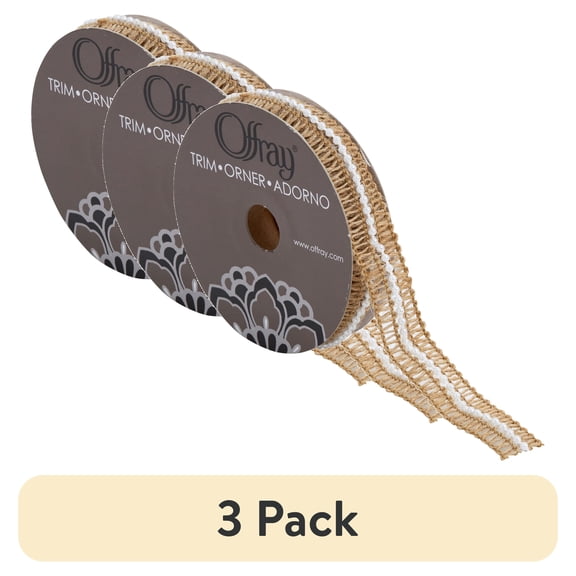 (3 pack) Simplicity Trim, Natural 5/8 inch Jute with Pearl Center Trim Great for Apparel, Home Decorating, and Crafts, 3 Yards, 1 Each