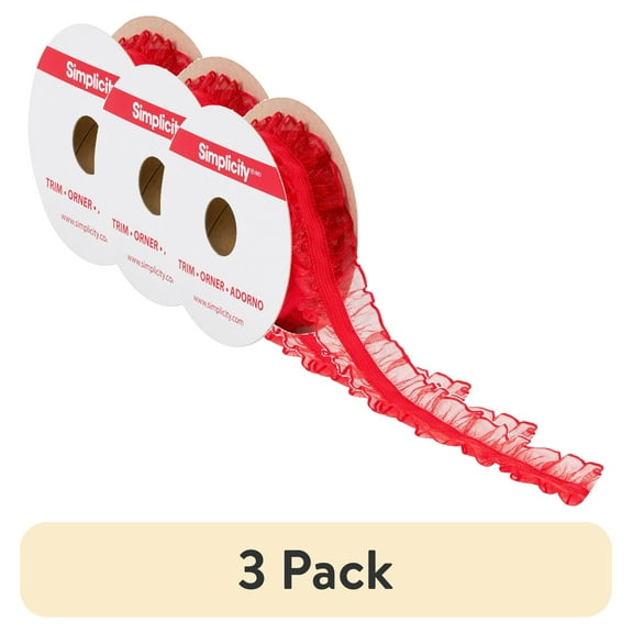 (3 pack) Simplicity Trim, Red 1 inch Double Sheer Ruffled Elastic Trim Great for Apparel, Home Decorating, and Crafts, 3 Yards, 1 Each