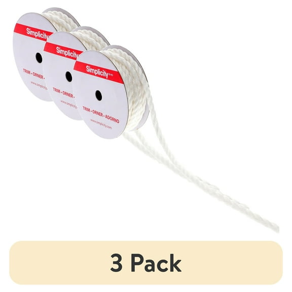 (3 pack) Simplicity Trim, White 3/16 inch 3 Ply Twisted Cord Trim Great for Apparel, Home Decorating, and Crafts, 3 Yards, 1 Each