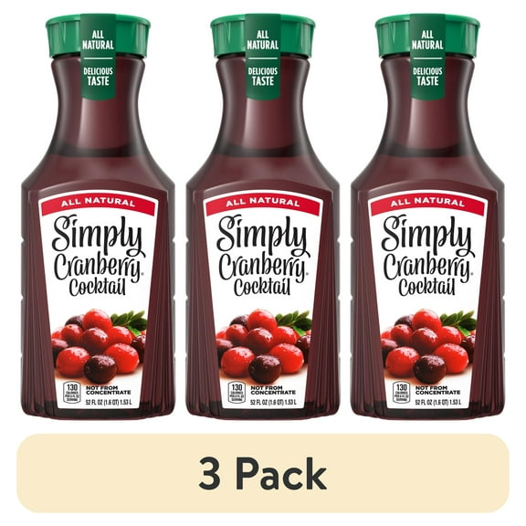 (3 pack) Simply Non GMO All Natural Cranberry Cocktail Fruit Juice, 52 fl oz Bottle