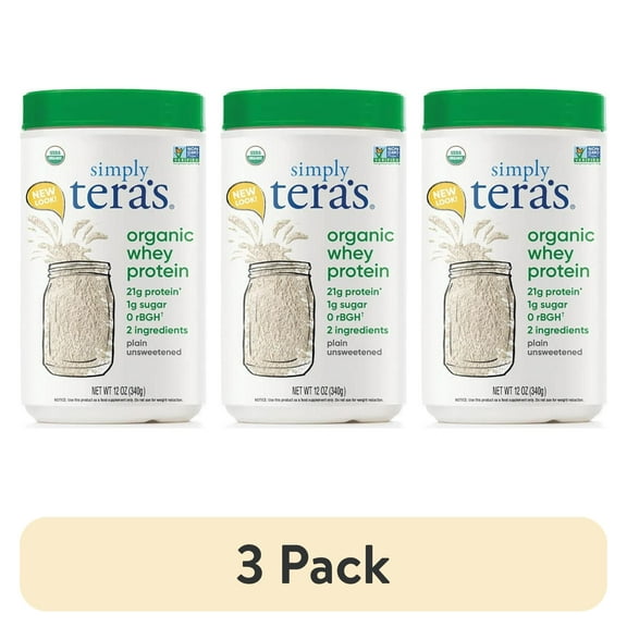 (3 pack) Simply Tera's Organic Whey Protein, Plain Unsweetened, 12 oz (340 g)