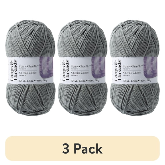 (3 pack) Skinny Chenille Yarn by Loops & Threads - Yarn for Knitting - Crochet - Weaving - and Arts & Crafts - Gray - Polyester - 8.75 oz