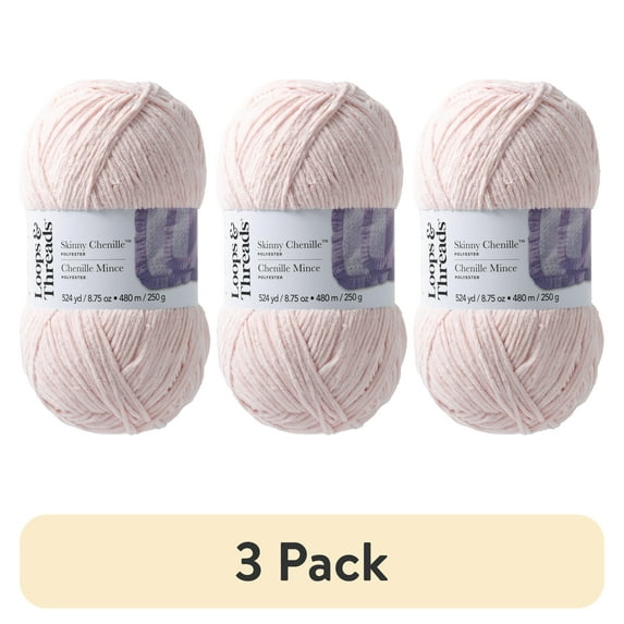 (3 pack) Skinny Chenille Yarn by Loops & Threads - Yarn for Knitting - Crochet - Weaving - and Arts & Crafts - Pink - Polyester - 8.75 oz