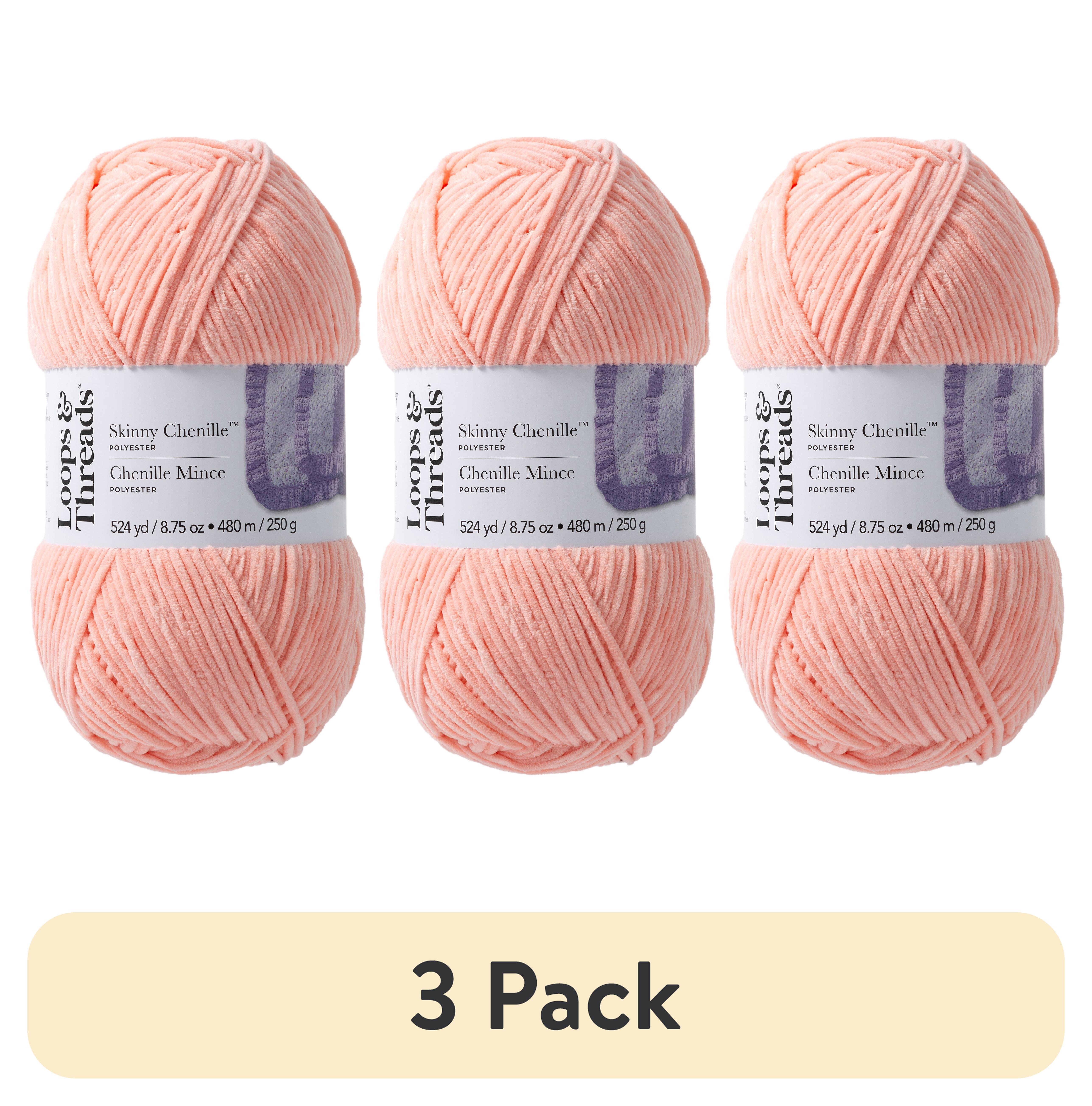 (3 pack) Skinny Chenille Yarn by Loops & Threads - Yarn for Knitting - Crochet - Weaving - and Arts & Crafts - Pink - Polyester - 8.75 oz