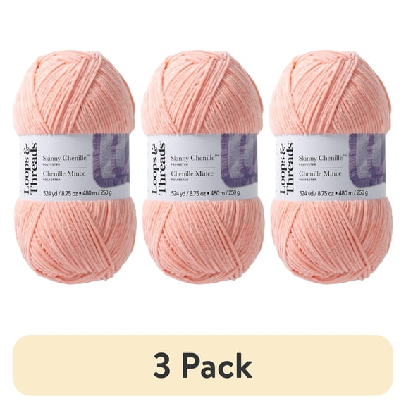 (3 pack) Skinny Chenille Yarn by Loops & Threads - Yarn for Knitting - Crochet - Weaving - and Arts & Crafts - Pink - Polyester - 8.75 oz