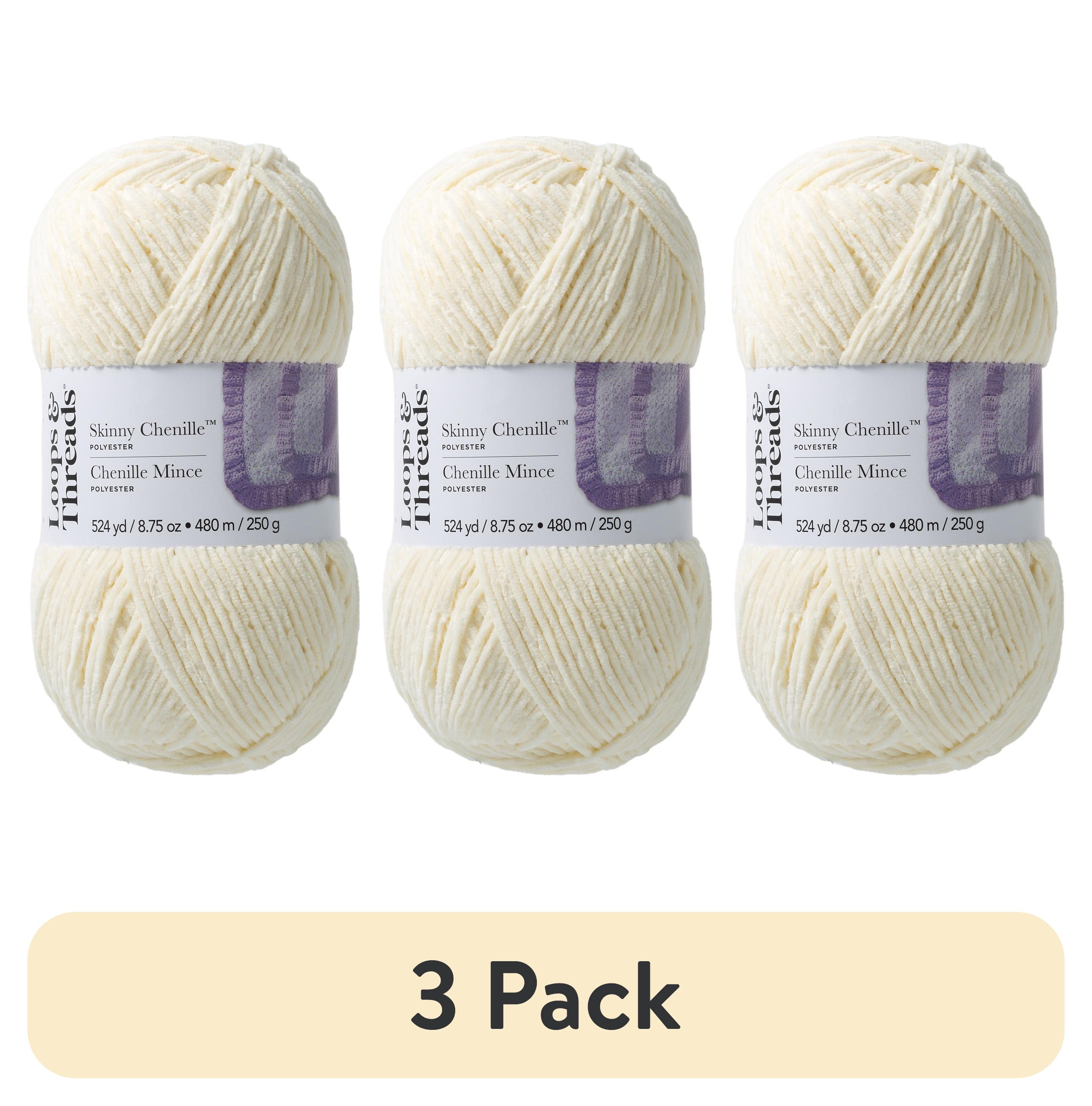 (3 pack) Skinny Chenille Yarn by Loops & Threads - Yarn for Knitting - Crochet - Weaving - and Arts & Crafts - White - Polyester - 8.75 oz