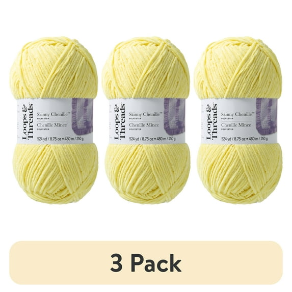 (3 pack) Skinny Chenille Yarn by Loops & Threads - Yarn for Knitting - Crochet - Weaving - and Arts & Crafts - Yellow - Polyester - 8.75 oz