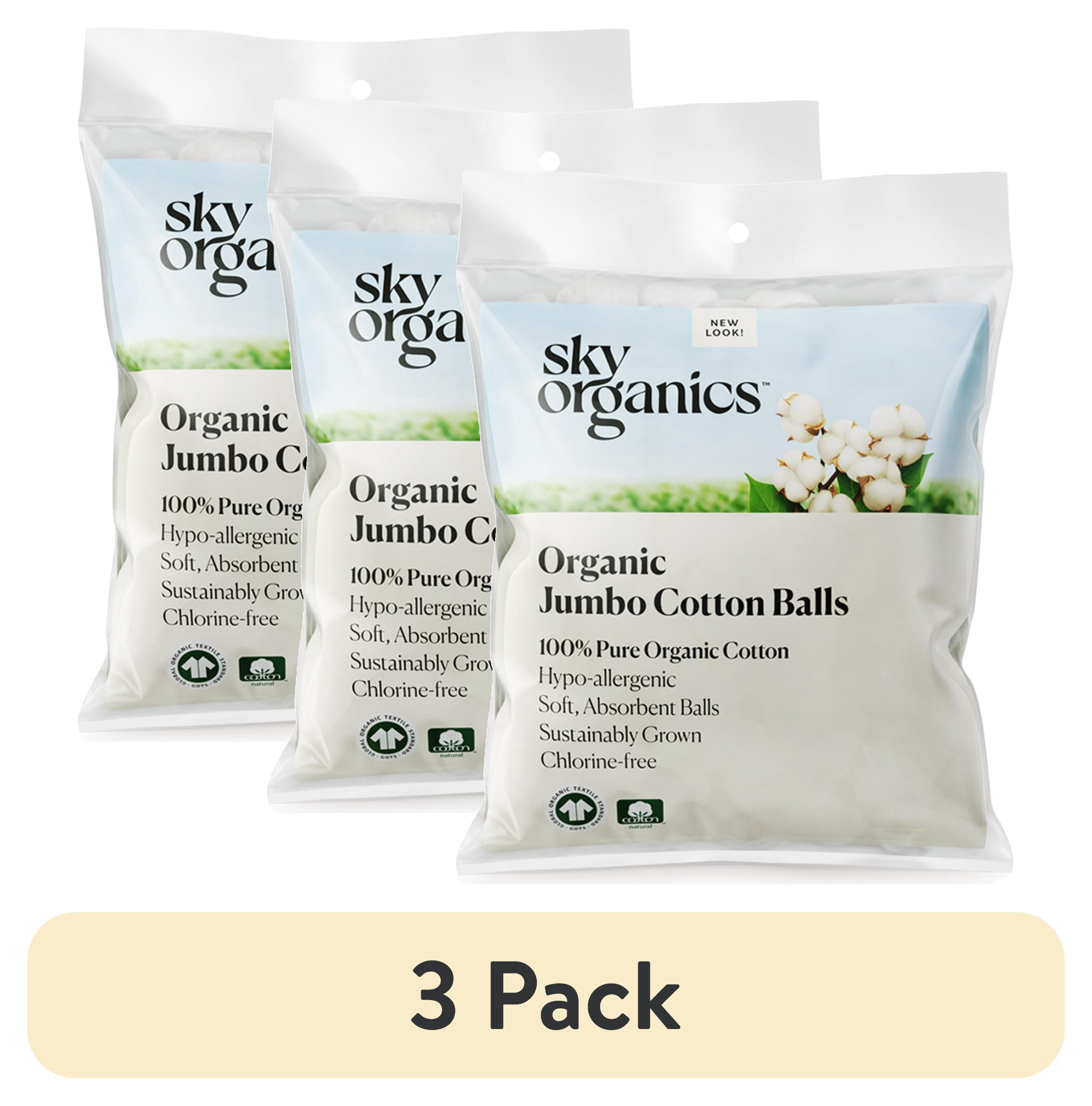 (3 pack) Sky Organics Organic Jumbo Cotton Balls For Sensitive Skin, 100% Pure Organic Cotton Sustainably Grown, Chlorine Free, Hypoallergenic, Ultra-Soft and Absorbant for Beauty & Personal Care, 100 ct.