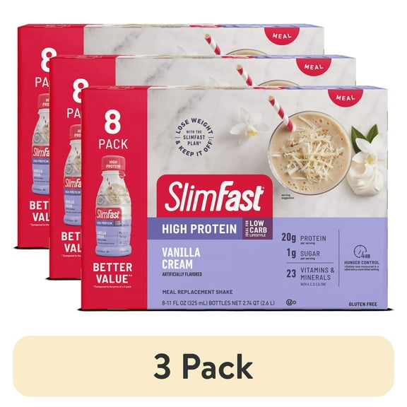 (3 pack) SlimFast High Protein Shake Meal Replacement Shake, Vanilla Cream, 11 Fl Oz Bottle, 8 Pack