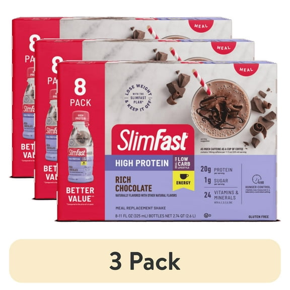 (3 pack) SlimFast Meal Replacement Energy High Protein Shake, Rich Chocolate, 11 fl oz Bottle, 8 Pack