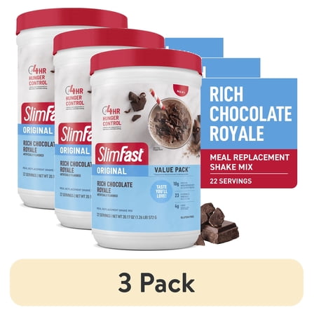 (3 pack) SlimFast Original Meal Replacement Shake Mix, Rich Chocolate Royale, 20.18 oz, 22 Servings