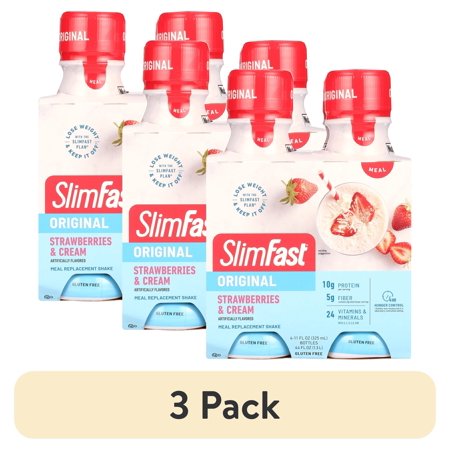 (3 pack) Slimfast Original Strawberries & Cream Meal Replacement Shakes, 4 Ct, 11 fl oz