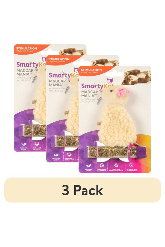 (3 pack) SmartyKat Madcap Mania Mouse, Soft Plush Catnip Cat Toy with String Tail, with Pure & Potent Catnip, Refillable & Durable