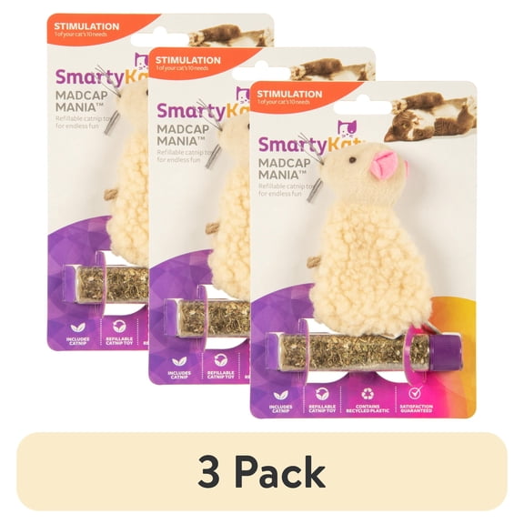 (3 pack) SmartyKat Madcap Mania Mouse, Soft Plush Catnip Cat Toy with String Tail, with Pure & Potent Catnip, Refillable & Durable