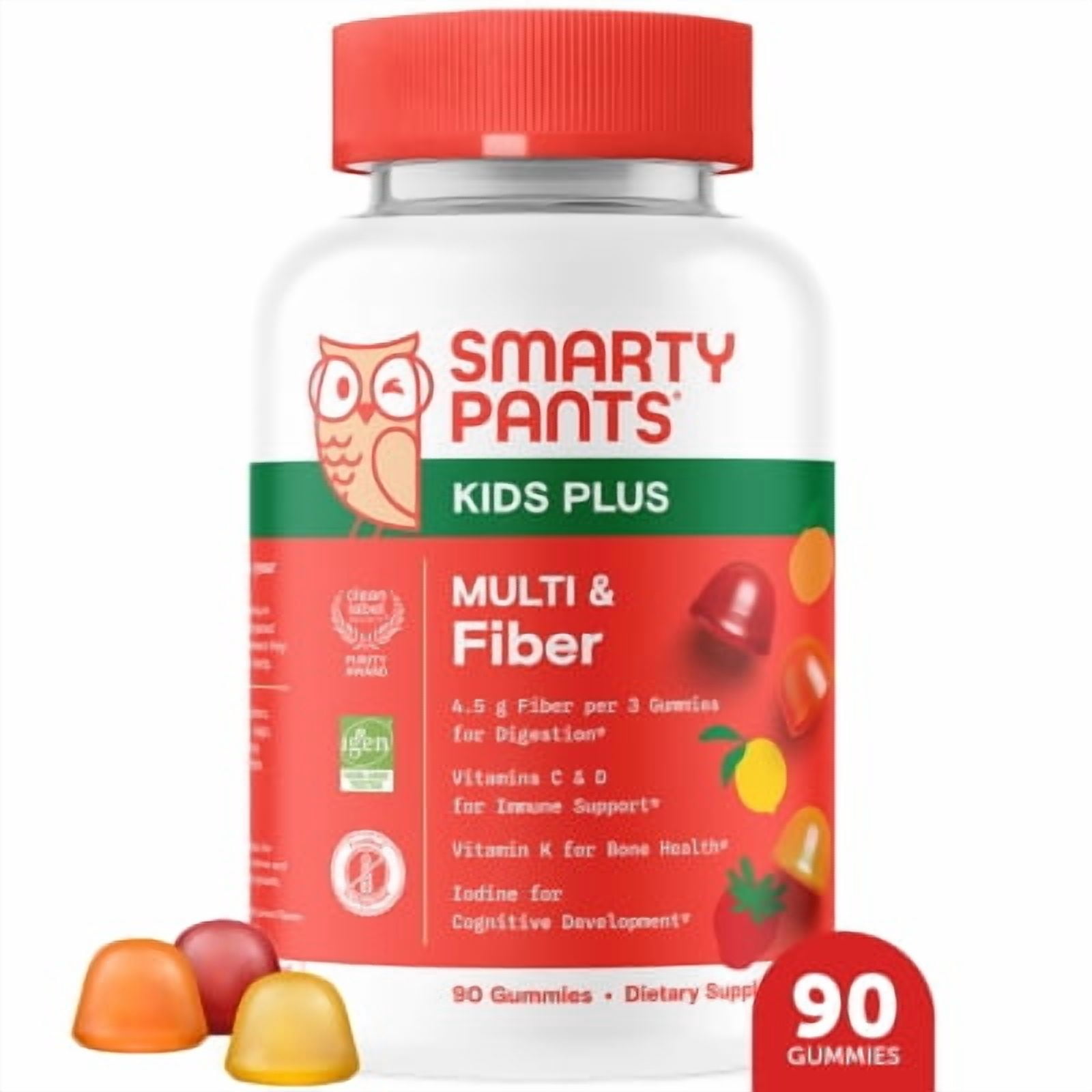 (3 pack) SmartyPants Kids Plus Multi & Fiber Gummies for Digestive Health, 90ct