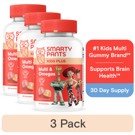(3 pack) SmartyPants Kids Plus Multivitamin & Omega 3 Gummies with Vitamins C, D3, B12, Zinc 60 Count
