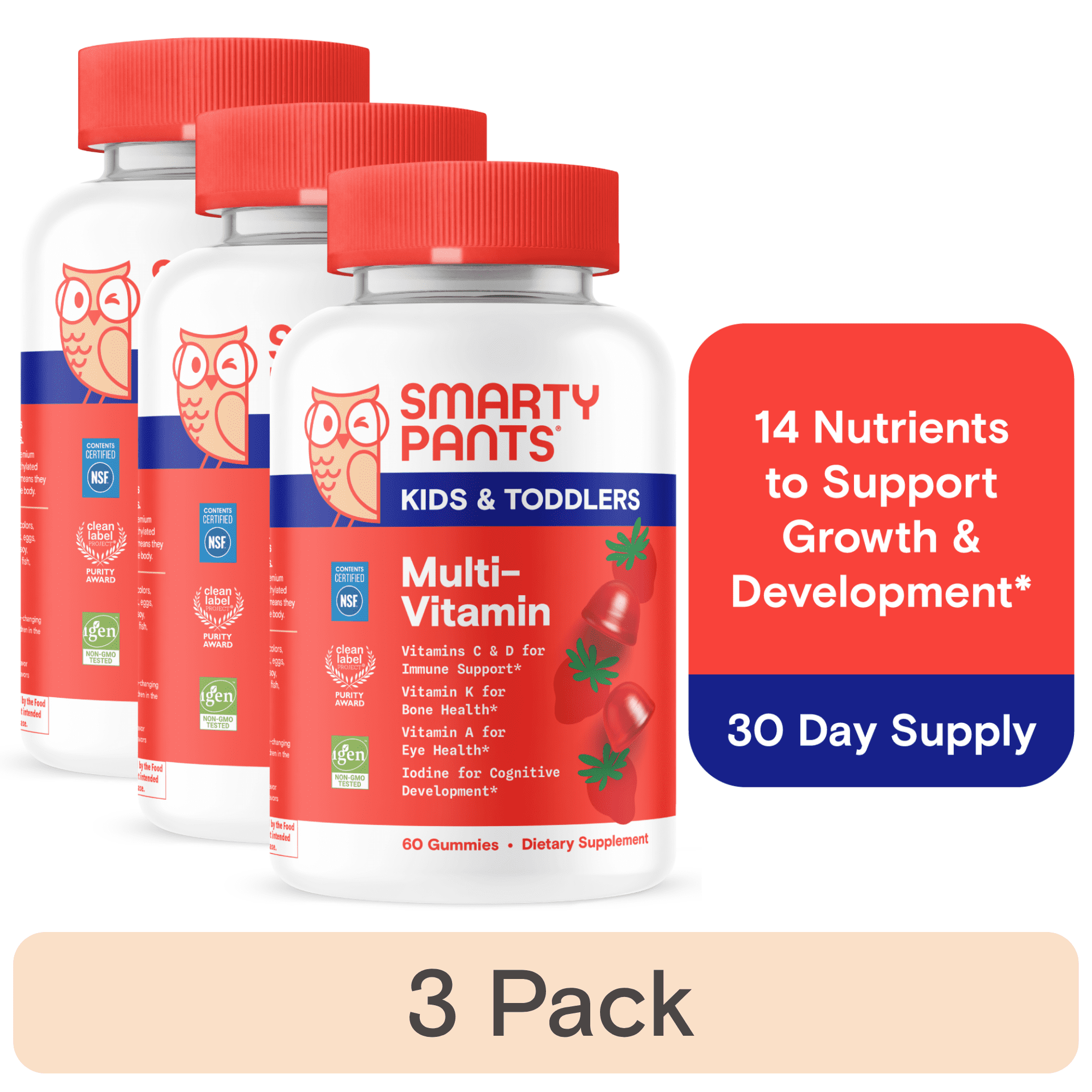 (3 pack) SmartyPants Kids & Toddler Multivitamin Gummies, Kids Vitamins with Vitamin D3 for Immune Support, B12 & Folate, 14 Nutrients, 60 Count