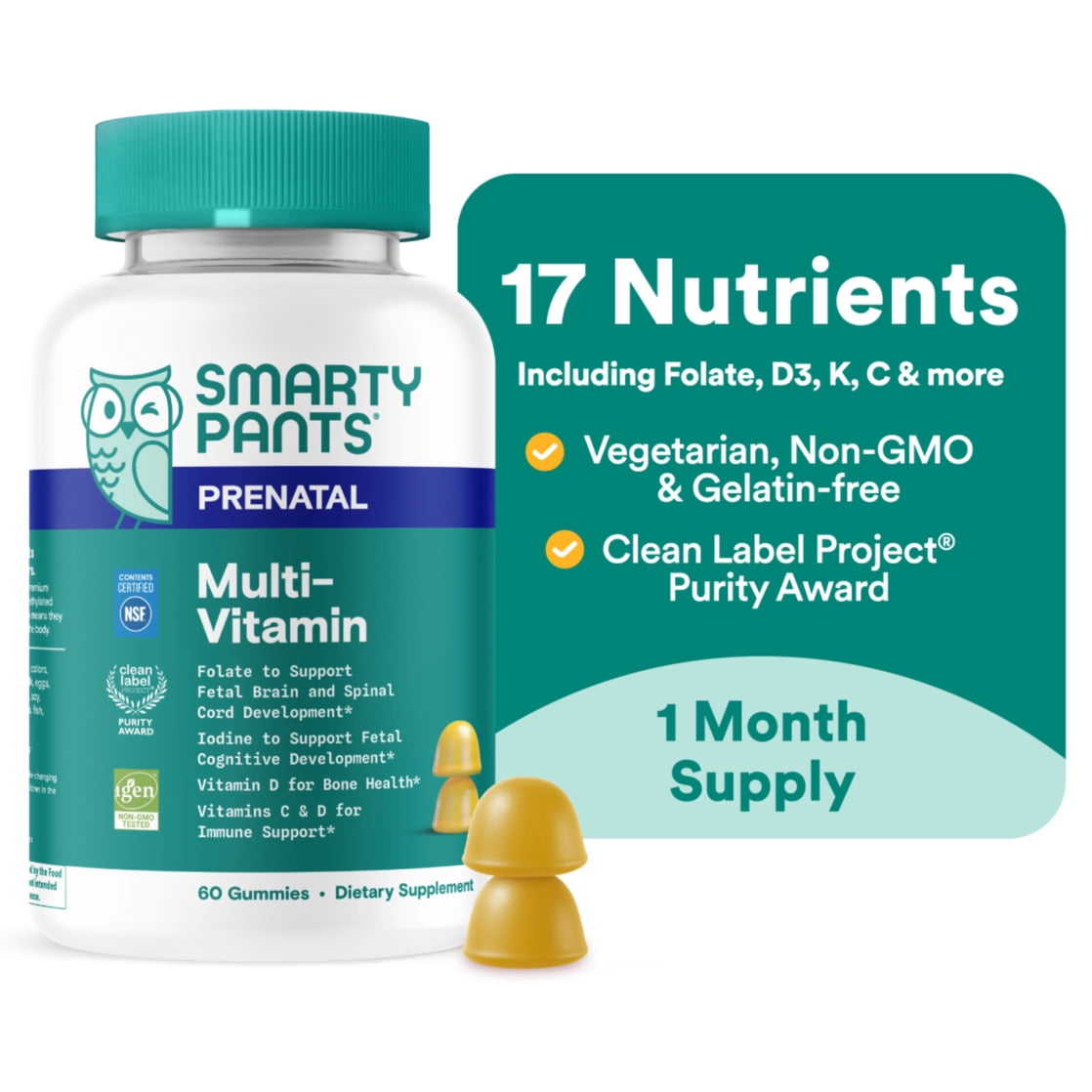 (3 pack) SmartyPants Prenatal Multivitamin Gummies, Folate, Wellness Supplement for Women, B12 & D3, 60 ct